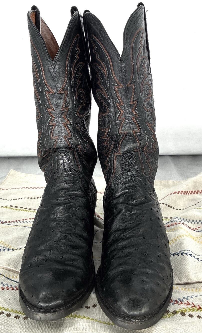 Vintage Lucchese Black Leather Ostrich Skin Western Cowboy Boots Sz 8.5 E